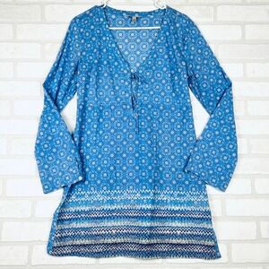 Athleta Blue Print Tunic Top‎ Long Sleeve V Neck Swim Cover Up Womens Medium